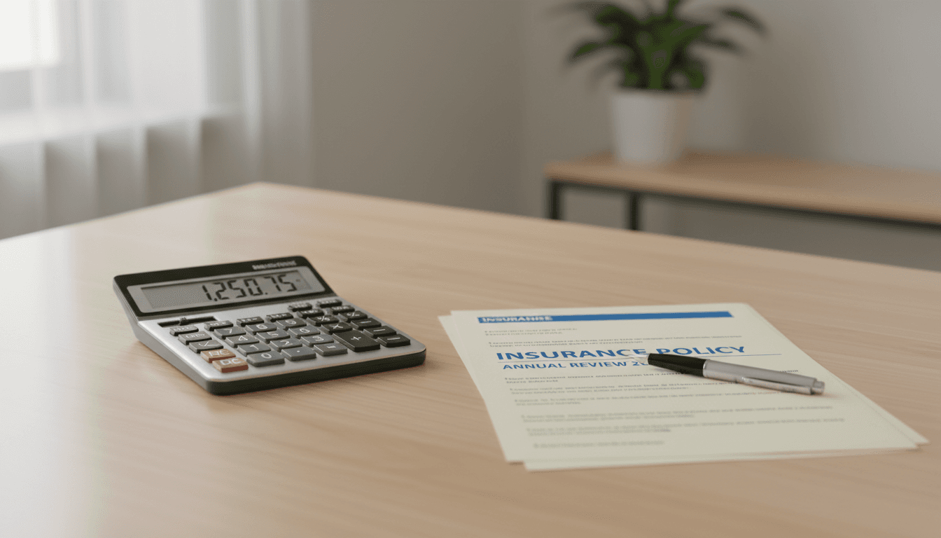 Calculator and insurance papers on clean wooden desk