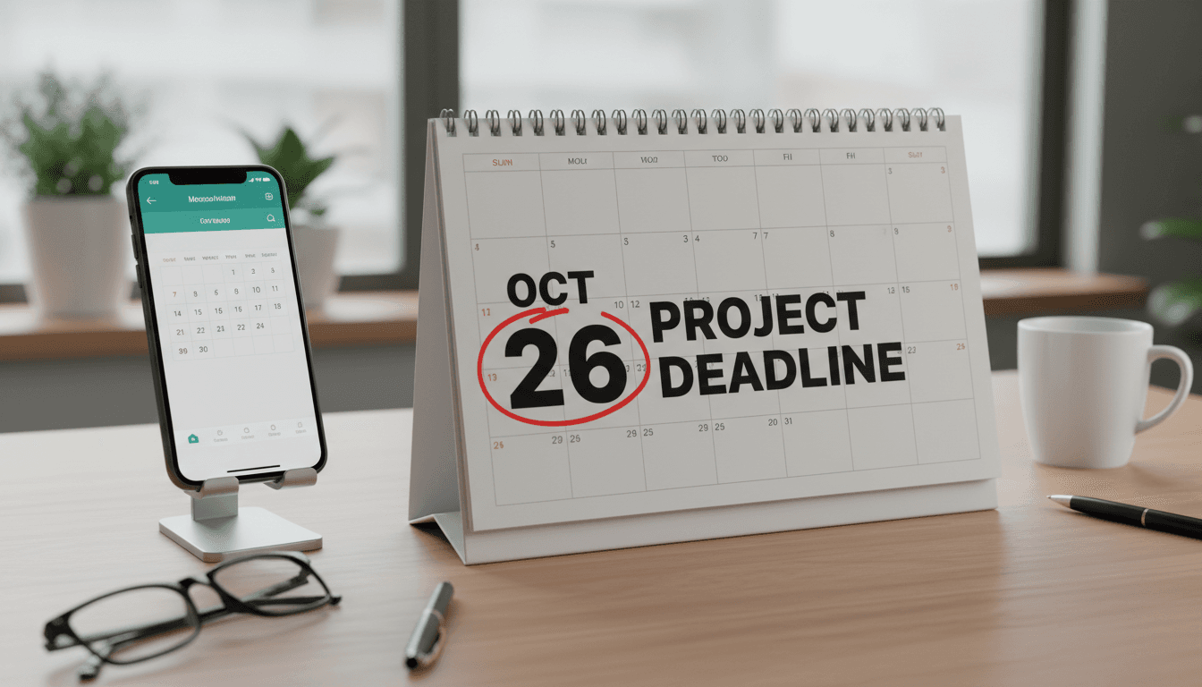 Calendar with reminder date circled and phone on desk
