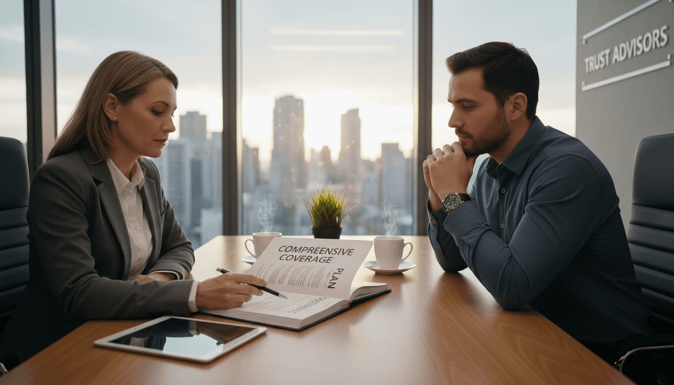 Insurance advisor reviewing policy document at desk with client