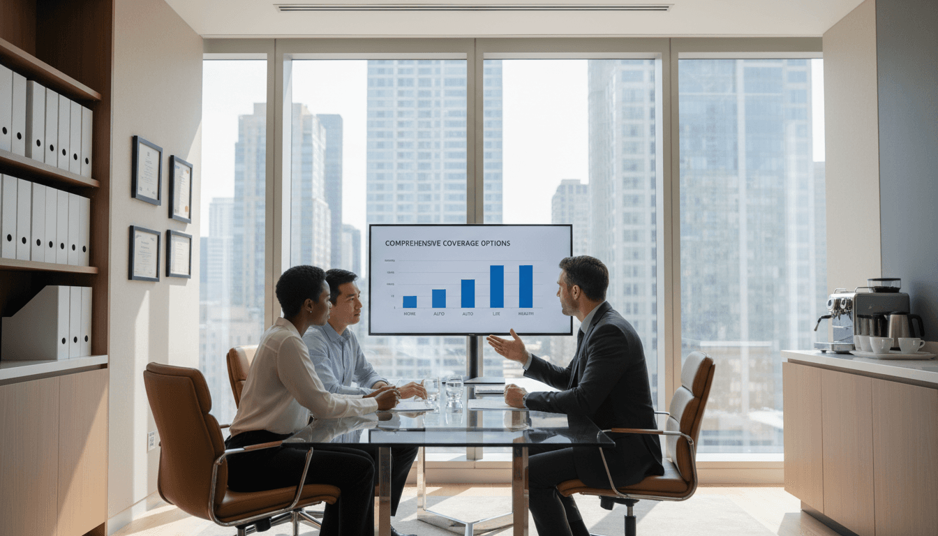 Professional insurance consultant in a meeting with a client in a bright, modern office