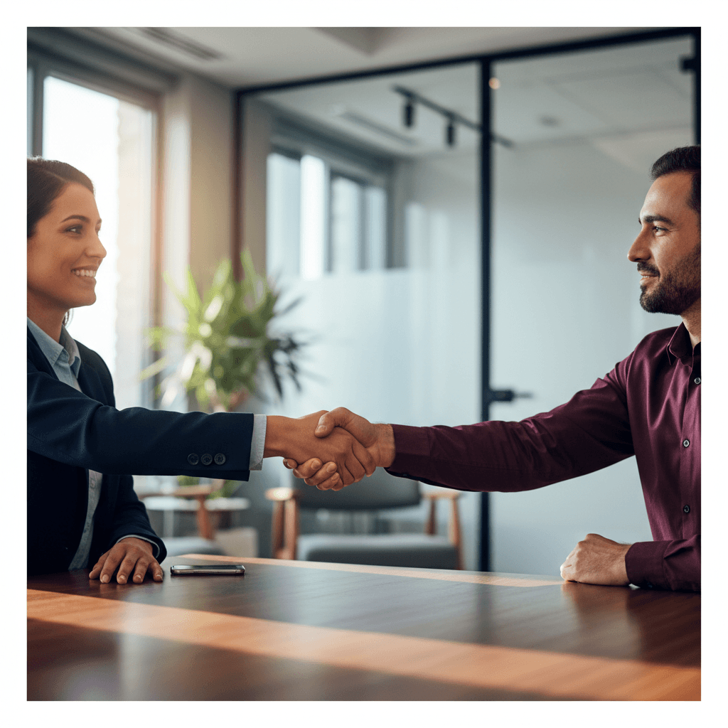 Handshake between two professionals in a bright office