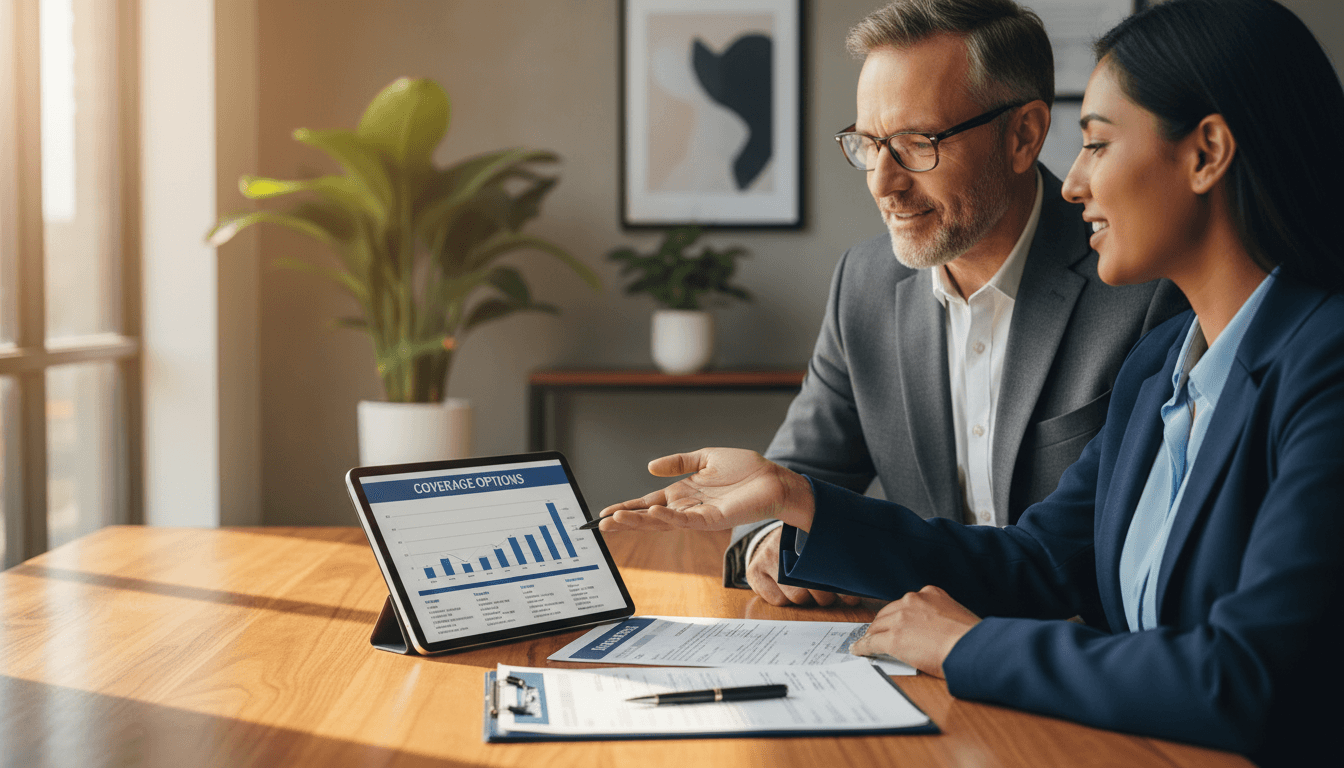 Insurance agent helping a client review policy documents at a desk
