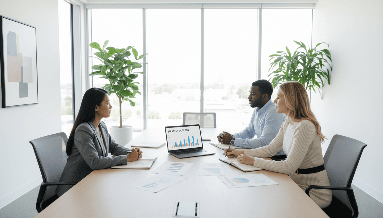Professional consultant meeting with clients at a modern office table