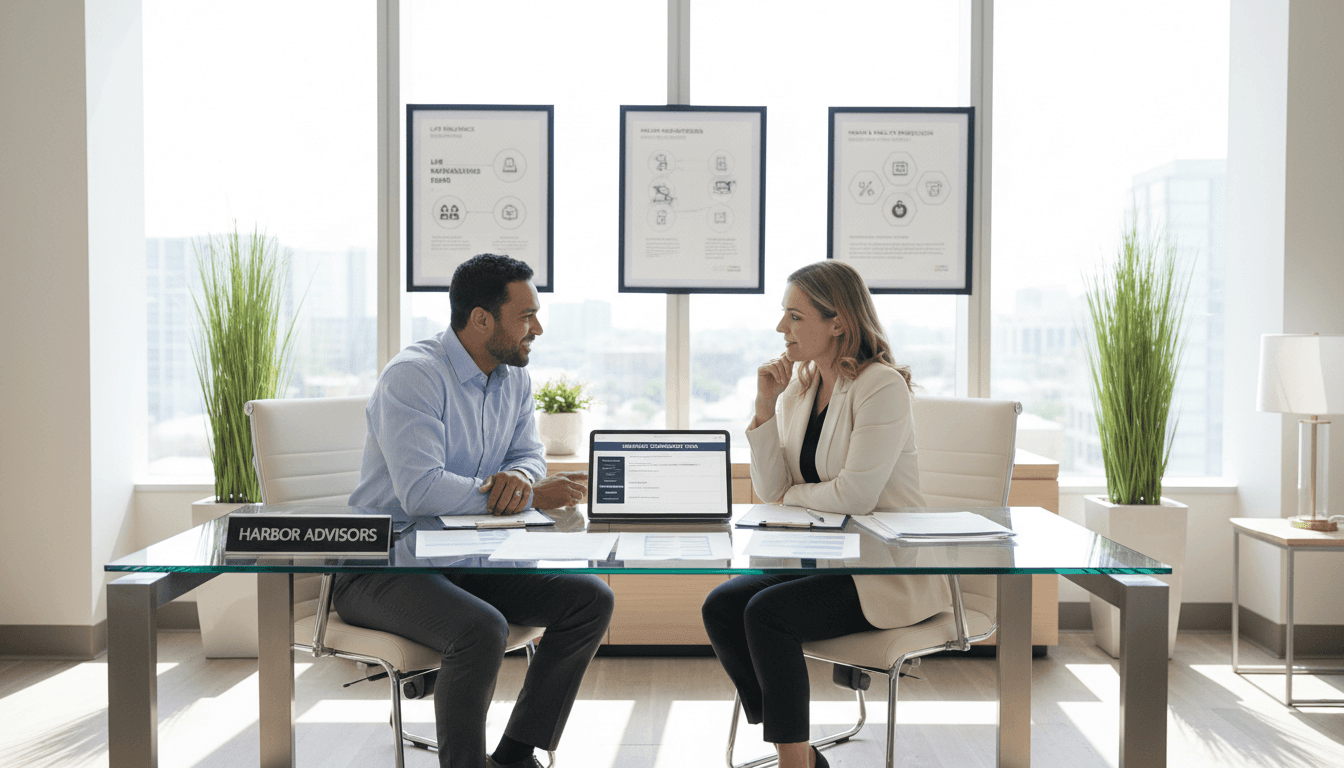 Professional insurance advisor meeting with client at modern office desk